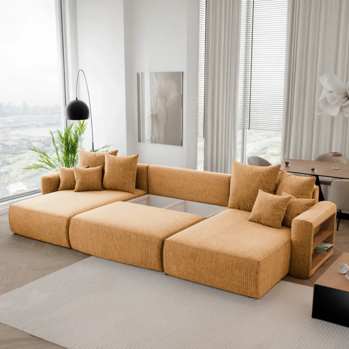 Divano letto panoramico 350x160cm velluto a coste con libreria a destra giallo senape Mistery