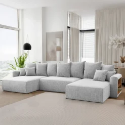 Divano letto panoramico 350x160cm velluto a coste con libreria a destra grigio chiaro Mistery