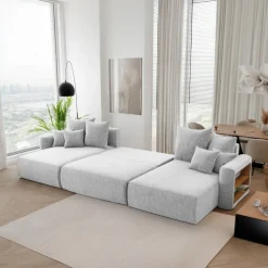 Divano letto panoramico 350x160cm velluto a coste con libreria a destra grigio chiaro Mistery