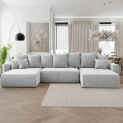 Divano letto panoramico 350x160cm velluto a coste con libreria a destra grigio chiaro Mistery