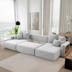 Divano letto panoramico 350x160cm velluto a coste con libreria a destra grigio chiaro Mistery