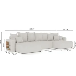 Divano letto panoramico 350x160cm velluto a coste con libreria a destra marrone Mistery