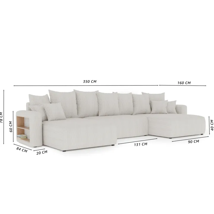 Divano letto panoramico 350x160cm velluto a coste con libreria a destra marrone Mistery