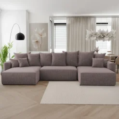 Divano letto panoramico 350x160cm velluto a coste con libreria a destra marrone Mistery