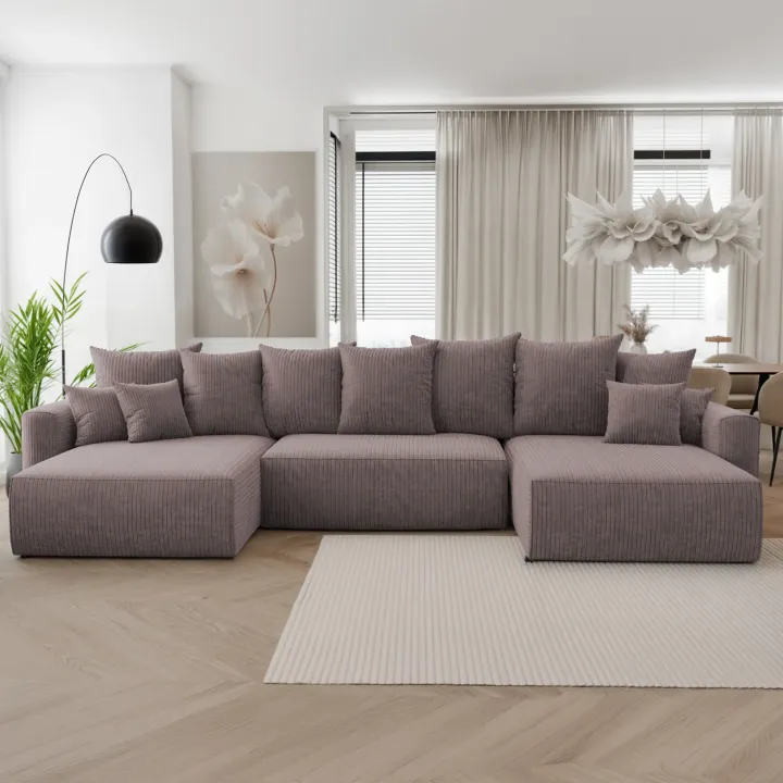 Divano letto panoramico 350x160cm velluto a coste con libreria a destra marrone Mistery