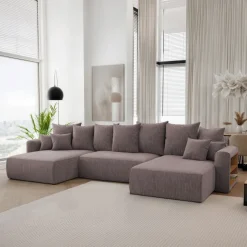 Divano letto panoramico 350x160cm velluto a coste con libreria a destra marrone Mistery