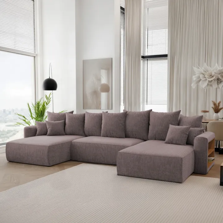 Divano letto panoramico 350x160cm velluto a coste con libreria a destra marrone Mistery