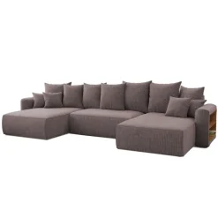 Divano letto panoramico 350x160cm velluto a coste con libreria a destra marrone Mistery