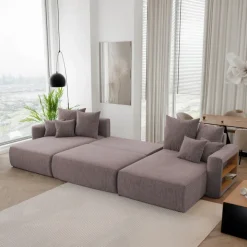 Divano letto panoramico 350x160cm velluto a coste con libreria a destra marrone Mistery