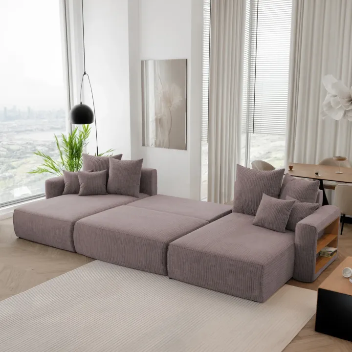 Divano letto panoramico 350x160cm velluto a coste con libreria a destra marrone Mistery