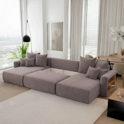 Divano letto panoramico 350x160cm velluto a coste con libreria a destra marrone Mistery