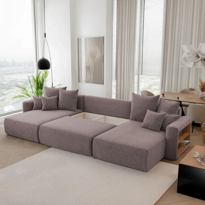 Divano letto panoramico 350x160cm velluto a coste con libreria a destra marrone Mistery