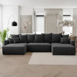 Divano letto panoramico 350x160cm velluto a coste con libreria a destra nero Mistery