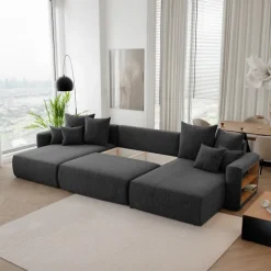 Divano letto panoramico 350x160cm velluto a coste con libreria a destra nero Mistery