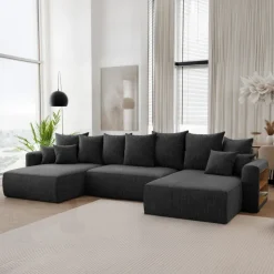 Divano letto panoramico 350x160cm velluto a coste con libreria a destra nero Mistery