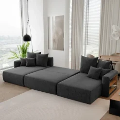 Divano letto panoramico 350x160cm velluto a coste con libreria a destra nero Mistery