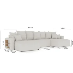 Divano letto panoramico 350x160cm velluto a coste con libreria a destra nero Mistery