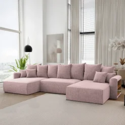 Divano letto panoramico 350x160cm velluto a coste con libreria a destra rosa antico Mistery