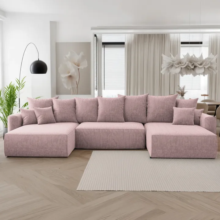 Divano letto panoramico 350x160cm velluto a coste con libreria a destra rosa antico Mistery