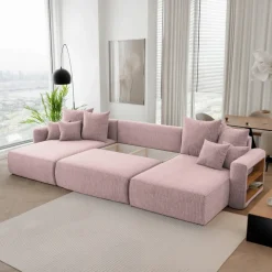 Divano letto panoramico 350x160cm velluto a coste con libreria a destra rosa antico Mistery