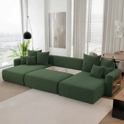 Divano letto panoramico 350x160cm velluto a coste con libreria a destra verde scuro Mistery