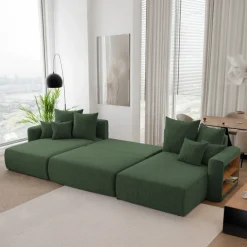 Divano letto panoramico 350x160cm velluto a coste con libreria a destra verde scuro Mistery