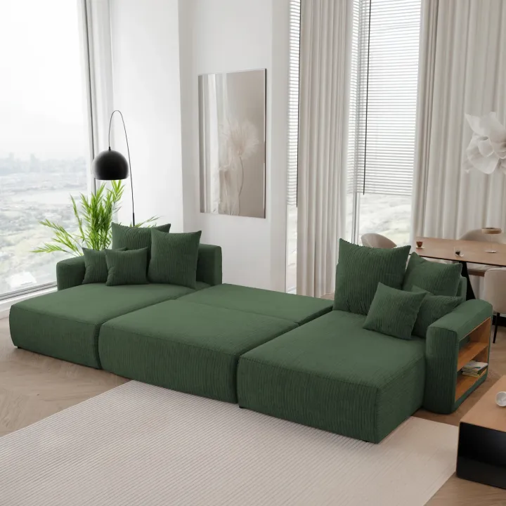 Divano letto panoramico 350x160cm velluto a coste con libreria a destra verde scuro Mistery