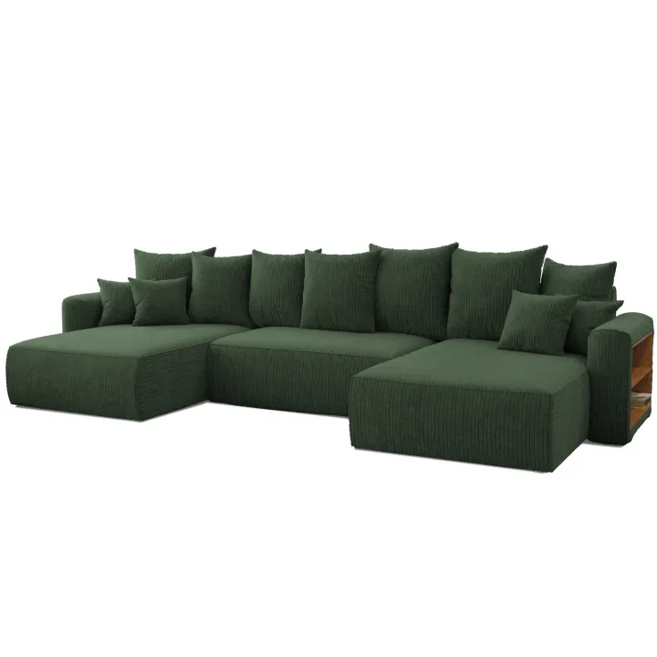 Divano letto panoramico 350x160cm velluto a coste con libreria a destra verde scuro Mistery
