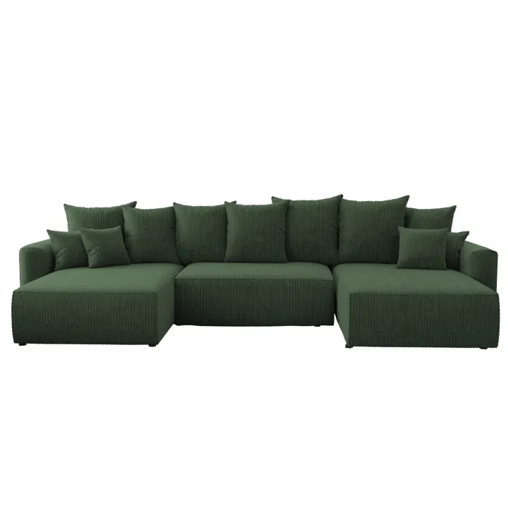 Divano letto panoramico 350x160cm velluto a coste con libreria a destra verde scuro Mistery