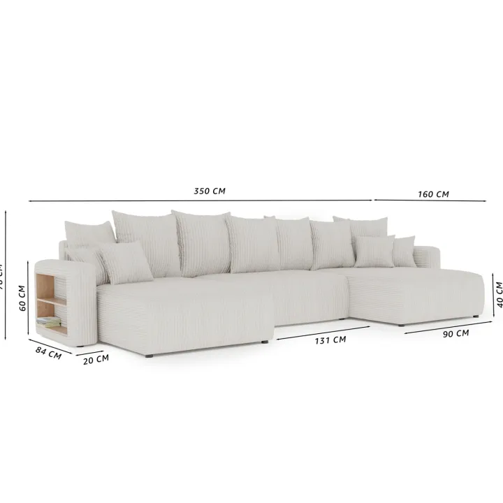 Divano letto panoramico 350x160cm velluto a coste con libreria a destra verde scuro Mistery
