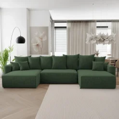 Divano letto panoramico 350x160cm velluto a coste con libreria a destra verde scuro Mistery