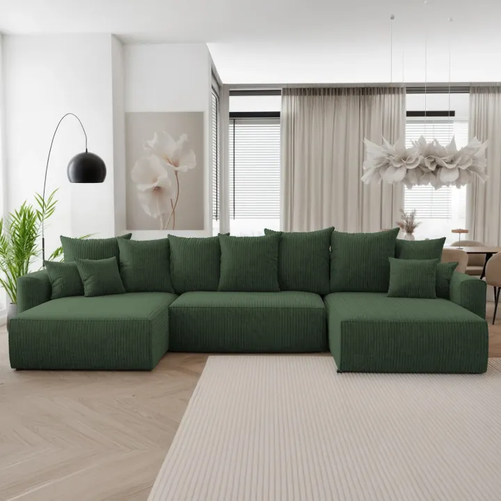 Divano letto panoramico 350x160cm velluto a coste con libreria a destra verde scuro Mistery