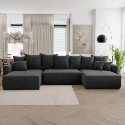 Divano letto panoramico 350x160cm velluto a coste con libreria a sinistra nero Mistery