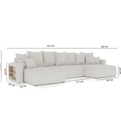 Divano letto panoramico 350x160cm velluto a coste con libreria a sinistra nero Mistery