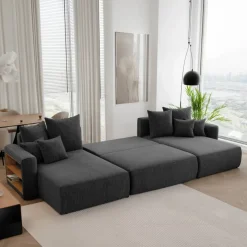Divano letto panoramico 350x160cm velluto a coste con libreria a sinistra nero Mistery