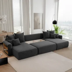 Divano letto panoramico 350x160cm velluto a coste con libreria a sinistra nero Mistery