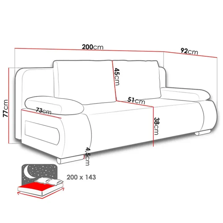 Divano letto 3 posti imbottito 200cm nero grigio scuro Barney