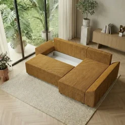 Divano letto 3 posti reversibile 240x140cm matrimoniale angolare velluto a coste senape ocra Appia