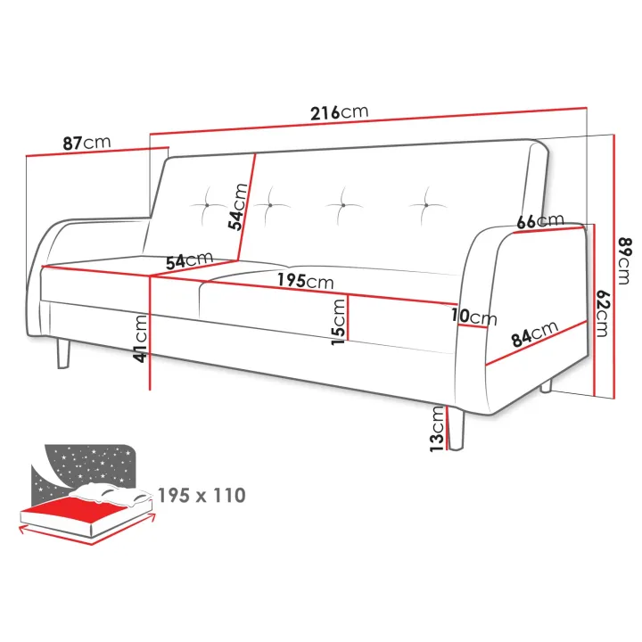Divano letto 2 posti 216x87cm con box contenitore grigio Nebbia