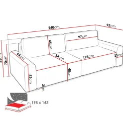 Divano letto 3 posti 240x95 cm con box contenitore a trama sottile beige Olivon