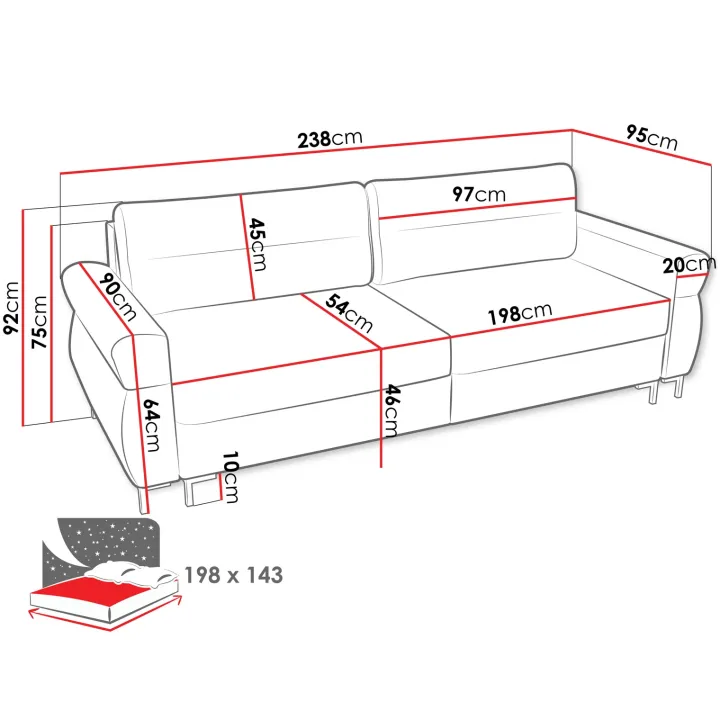 Divano letto 3 posti 238x95 cm con box contenitore imbottito beige chiaro nero Velissa