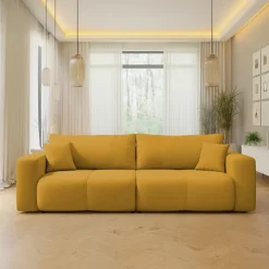 Divano letto 3 posti 248x90cm con contenitore in tessuto velo giallo senape Floty