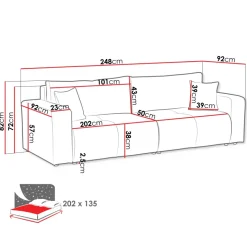 Divano letto 3 posti 248x90cm con contenitore in tessuto velo bianco Floty