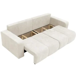 Divano letto 3 posti 248x90cm con contenitore in tessuto velo bianco Floty