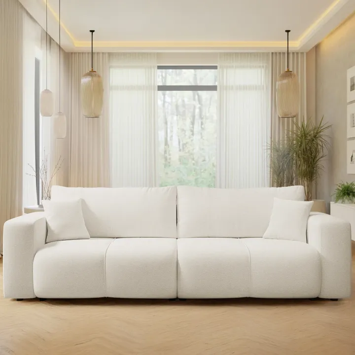 Divano letto 3 posti 248x90cm con contenitore in tessuto velo bianco Floty