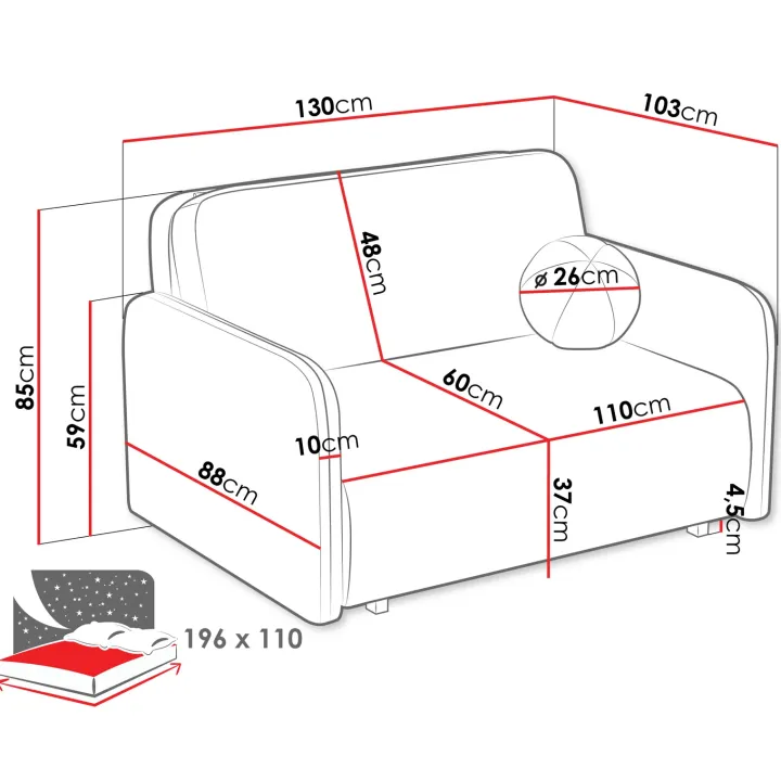 Divano letto 2 posti 130x103 cm con contenitore e cuscino tessuto velo panna Reposa