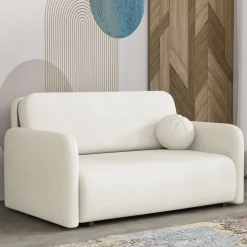 Divano letto 2 posti 150x103 cm con contenitore e cuscino tessuto velo panna Reposa