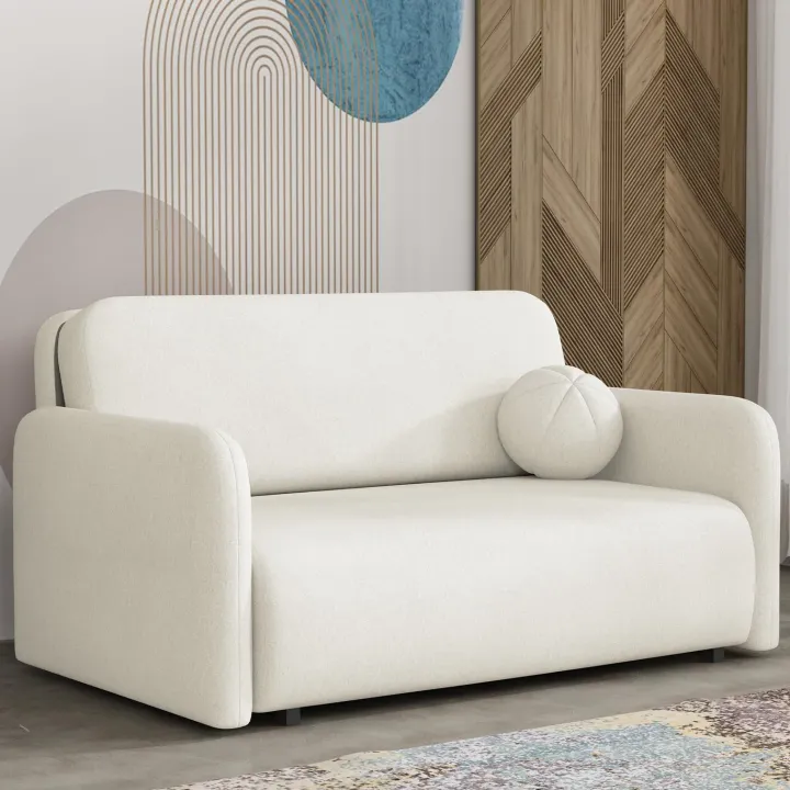 Divano letto 2 posti 150x103 cm con contenitore e cuscino tessuto velo panna Reposa