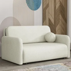 Divano letto 2 posti 150x103 cm con contenitore e cuscino tessuto bouclé beige chiaro Reposa