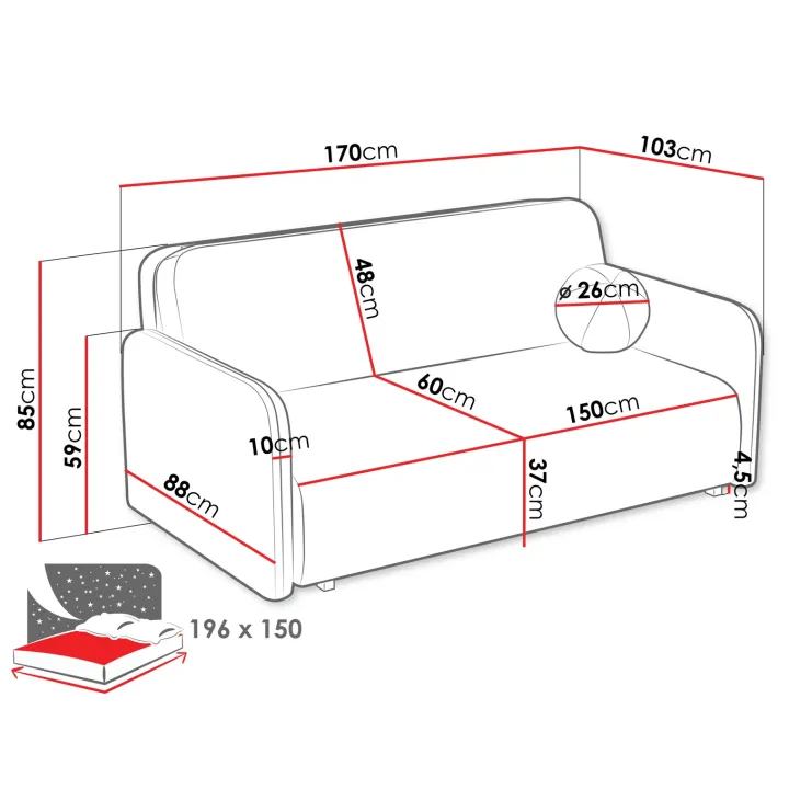 Divano letto 3 posti 170x103 cm con contenitore e cuscino tessuto velo panna Reposa
